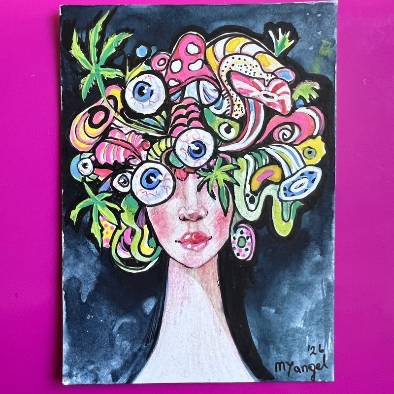 ACEO Original Psychedelic Mushroom Creepy Painting Woman Portrait OOAK 