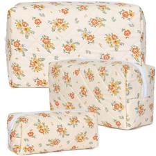 Quilted Makeup Bag Set,Large Floral Cosmetic Pouch For Women,Cute Cotton Brus...
