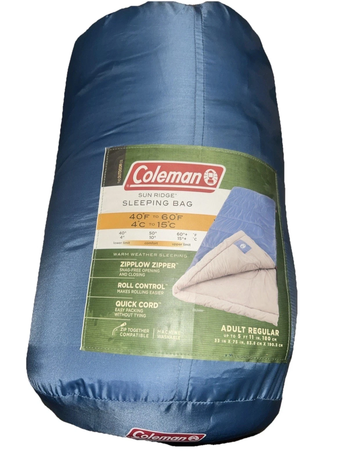 Blue Coleman Sun Ridge 40-60 Adult Regular Camping Sleeping Bag w/ Carry Bag