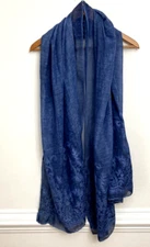 Veniroc Scarf Wrap Pashmina Indigo Blue Embroidered Flowers 74Lx33.5W Boho Beach