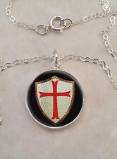 Sterling Silver 925 Pendant Necklace Knights Templar Shield with Red Cross