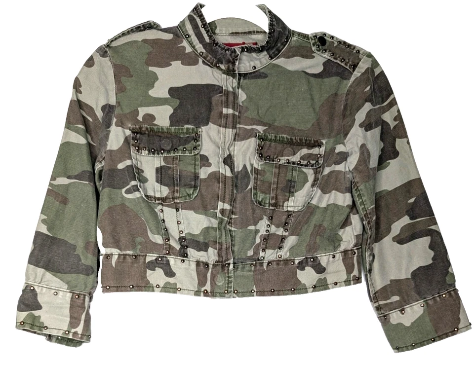 VTG 90s Y2K  Camo Cropped Cargo Utility Jacket Punk Embroidered Eagle Studded MD - Image 2 of 4