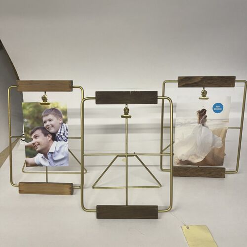 X3 Modern Gold Metal Clip Photo Holder Floating 4x6” Photos, Free Standing,