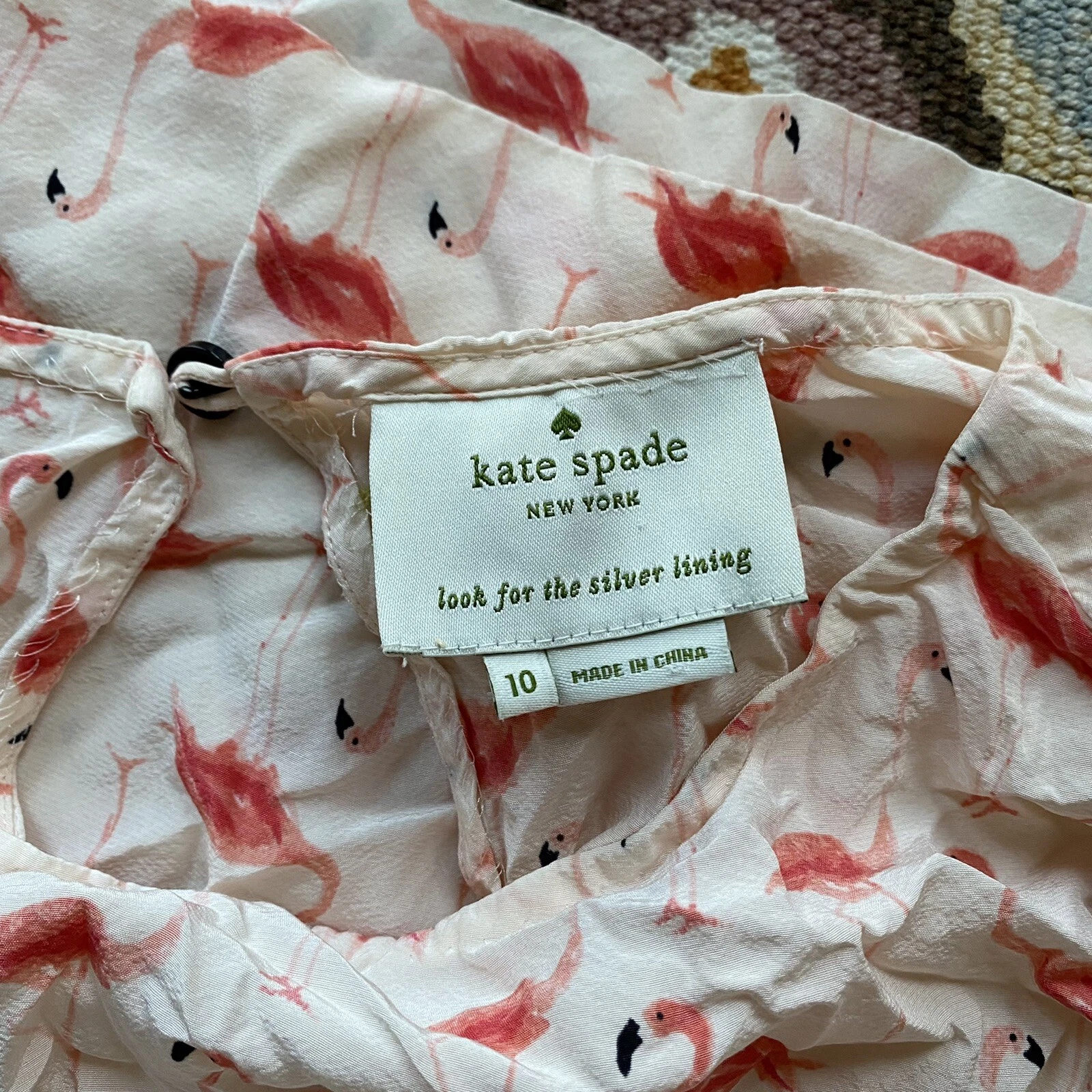 Abito Blaire Kate Spade New York stampa fenicottero all over taglia 10 seta tropicale