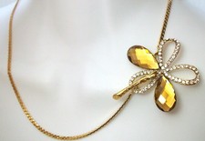 Chain Necklace Flower Pendant Toggle Clasp Rhinestones Yellow Clear 17“ Long
