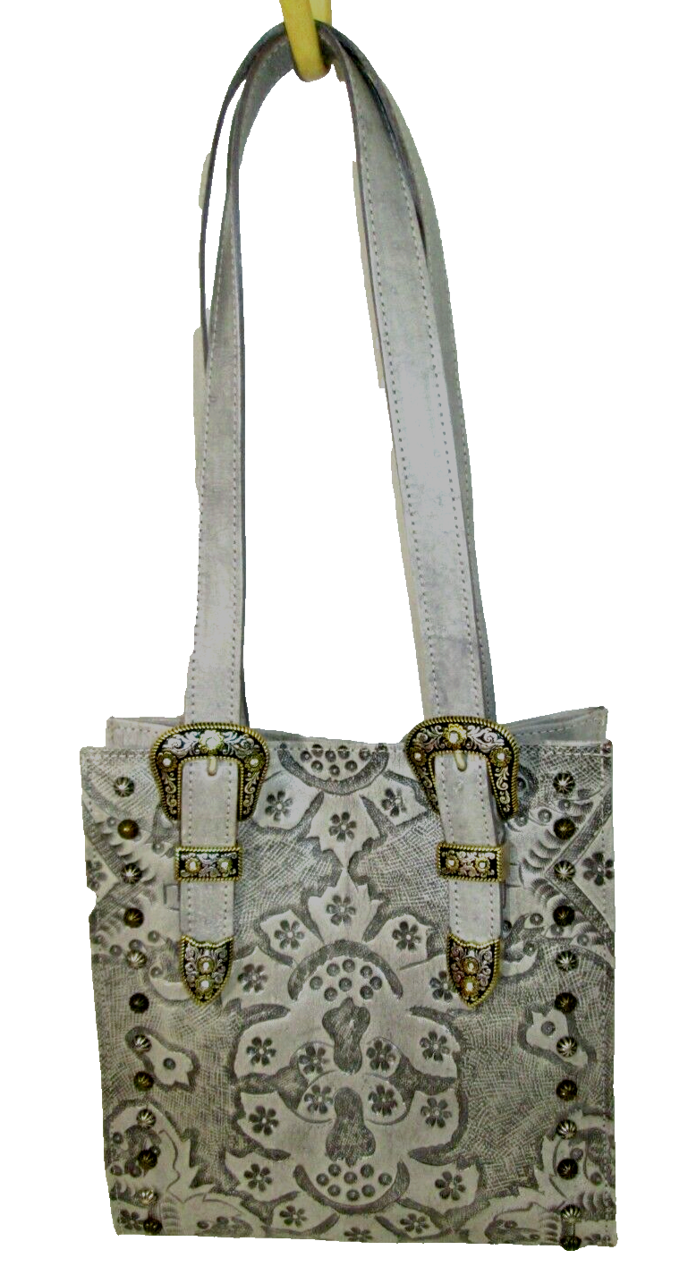 American West Gray Leather Studded Silver Buckle Double Strap Shoulder Bag