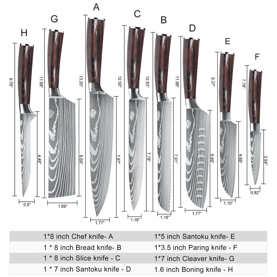 Kitchen Knife Set Japanese Damascus Pattern Chef Knives Cleaver Stainless Steel - Image 4 of 4