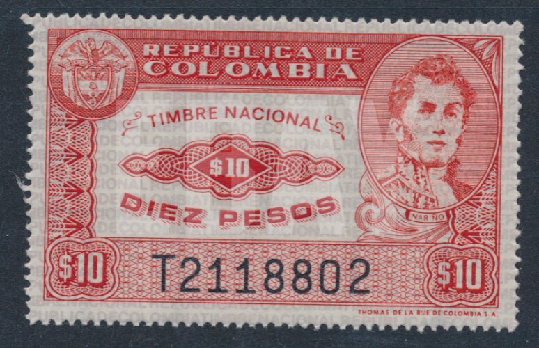 COLUMBIA $10 Revenue Tax Fiscal Stamp - Timbre Nacional - MNH