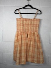 American Eagle Plaid Smocked Mini Dress Orange Linen Blend Strappy Women's L
