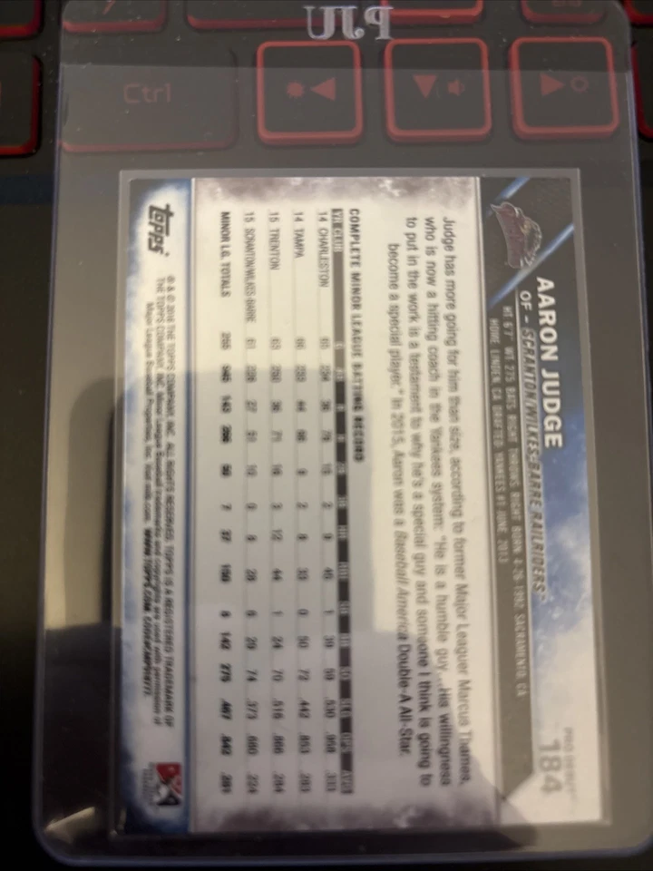 2016 Topps Aaron Judge Scranton/Wilks-baree Rail Riders RC #184 - Image 2 of 2