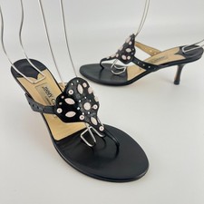 Jimmy Choo | Auth Vintage Black Leather Thong White Stone Sandal Slide (37.5)