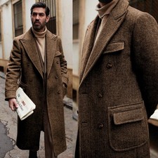 Herringbone Wool Blend Tweed Men Overcoats Long Coats Double Breasted Peak Lapel