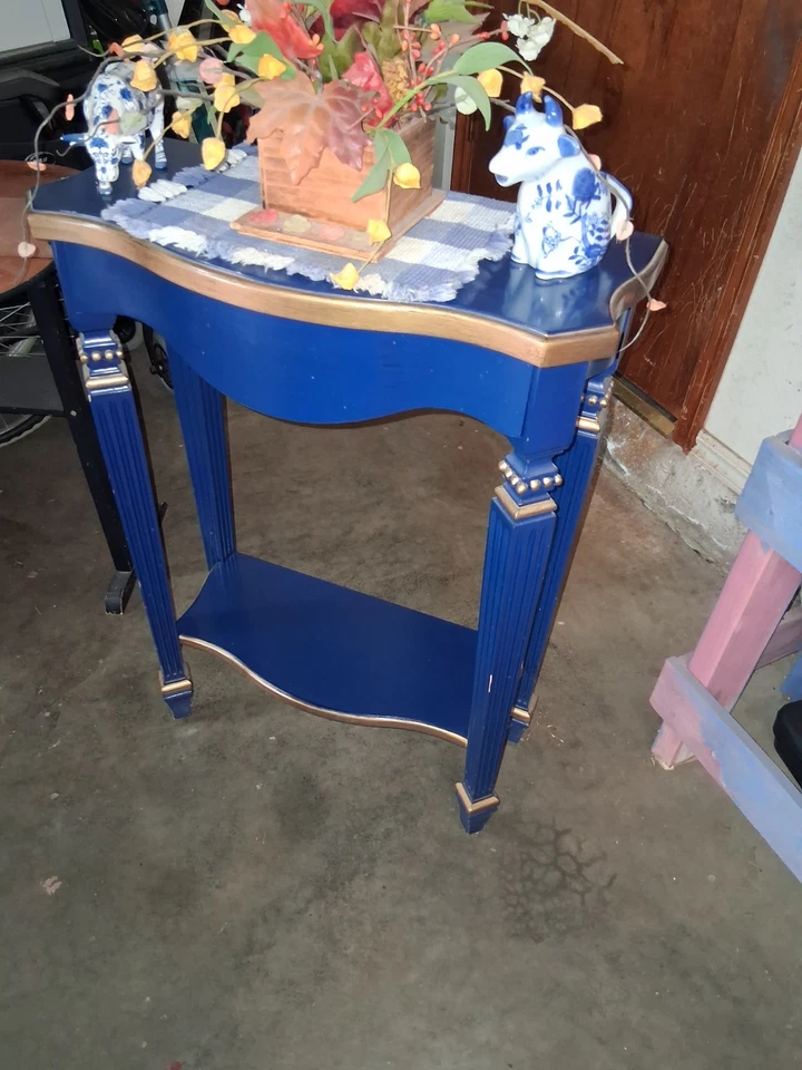 ✨ Antigua mesa de entrada azul y dorado - Elegante consola de salón✨ Foto 3 de 4