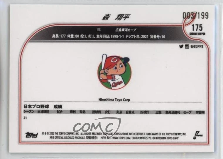 2022 Chrome NPB Nippon Professional Baseball Aqua Refractor /199 Shohei Mori - Image 2 of 2