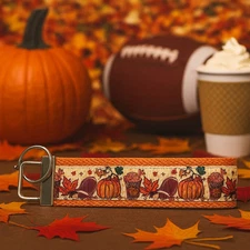 Fall Keychain Wristlet – Pumpkins, Football & Coffee Autumn Key Fob