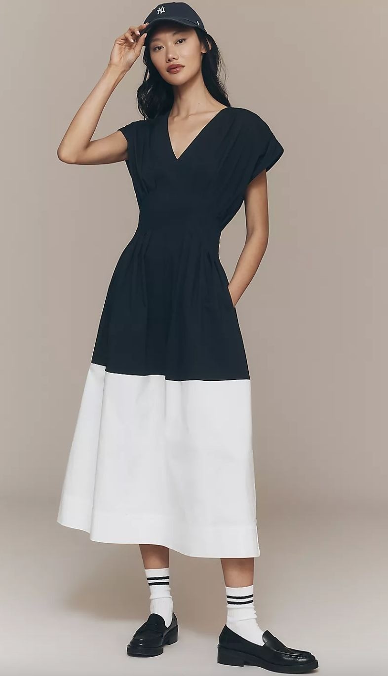 Anthropologie Exquise Pleated Short-Sleeve Twofer Midi Dress Size Small Petite