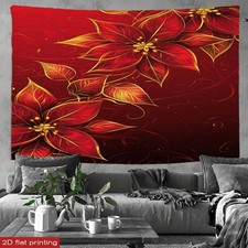 1pc Large Horizontal Red Golden Poinsettia Christmas Wall Tapestry - Elegant G