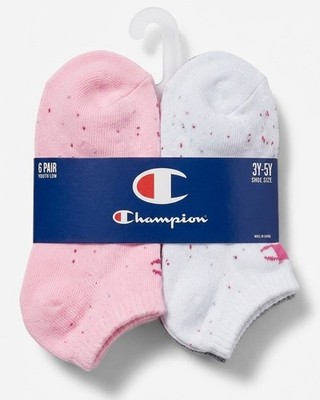 CHAMPION SOCKS GIRLS X6 - LOW CUT 253 - PINK WHITE - SHOE 3Y-5Y / 6-8.5 6 PACK
