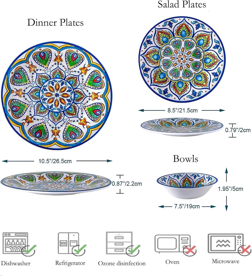 Juego de Vajilla de Melamina, 12 Piezas Platos de Cena Juegos de Cuencos para Interior y Exterior  Foto 2 de 4