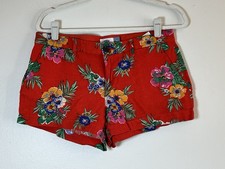 Old Navy Linen Blend Shorts Women  s 4 Red Tropical Print Side Pockets