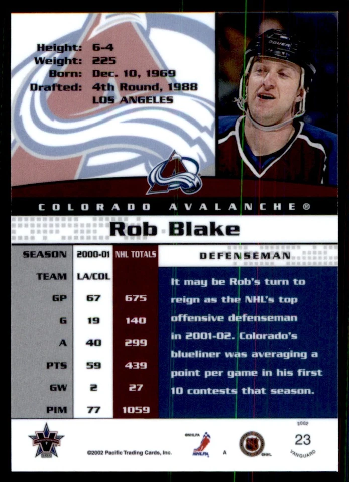 2001-02 Pacific Vanguard Rob Blake Colorado Avalanche #23 - Image 2 of 2
