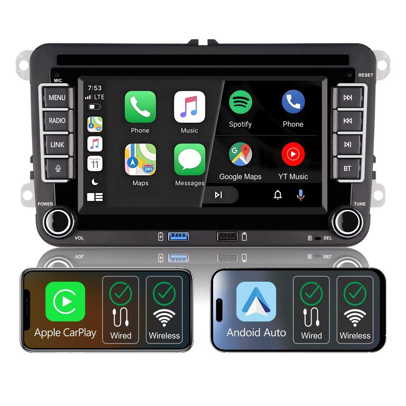 Autoradio Wireless CarPlay per Vw Polo Golf 5 6 Passat Tiguan Touran T5 Schermo - Immagine 1