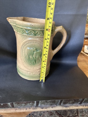 Hull yelloware salt glazed stoneware Green And Ivory Cow Pitcher Vintage 8.5" - Picture 8 of 21