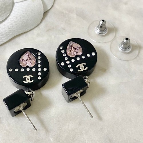 CHANEL CC Logos Heart Pink Rhinestone Black Dangle Earrings Silver Tone 04A Auth - Picture 3 of 4