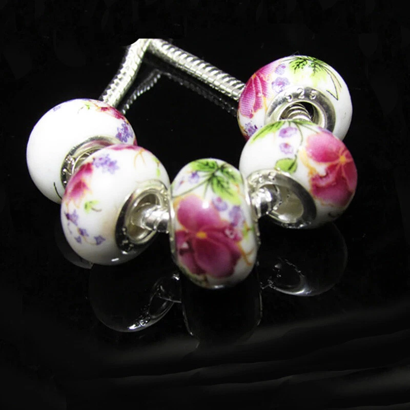 Brazalete de 2-5-10 piezas púrpura rosa flor plata Murano murano murano agujero grande Foto 3 de 4