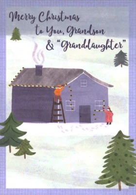 DESIGNER GREETINGS Couple Hanging Lights on Purple House Christmas Card for Grandson and Wife