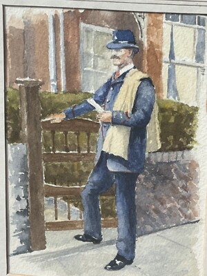 London Figuren. Gerahmtes & signiertes Aquarell von Ray Ross.  Postie 
