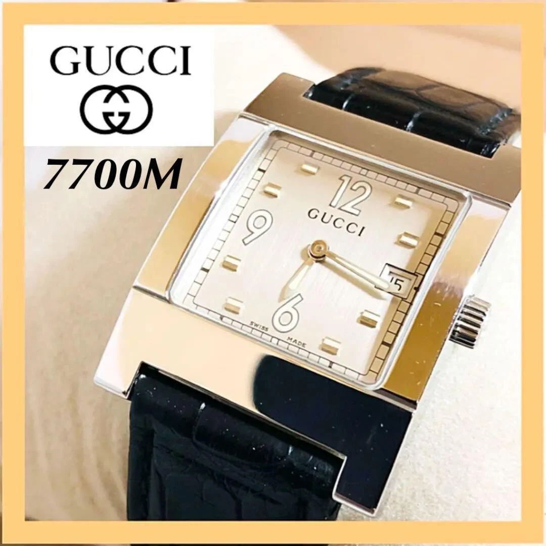Montre bracelet GUCCI 7700M argent noir ceinture cuir travail propre homme