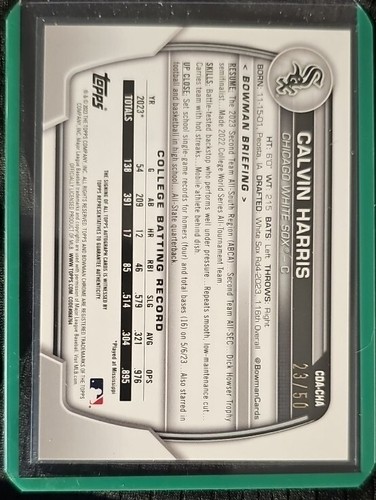 2023 Bowman Draft Chrome Auto Gold Wave /50 #CDA-CHA Calvin Harris Whitesox - Picture 2 of 2