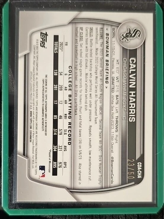 2023 Bowman Draft Chrome Auto Gold Wave /50 #CDA-CHA Calvin Harris Whitesox - Image 2 of 2