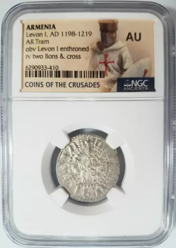 Levon I Armenia NGC AU Silver Tram Medieval Knights Templar Crusader Cross Lion
