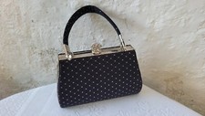 Black Satin Evening Bag Hardshell Case Purse Silver Metal Rhinestone Clasp Small