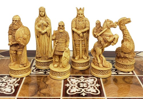 Antique White & Brown Norse Viking Chess Men Set 3 1/4" King - NO BOARD - Picture 4 of 7