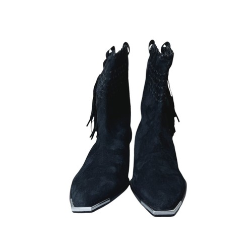 Schutz Alexxa Black Suede Western Fringe Boots Metal Toe Caps Women 8B NWOB - Picture 4 of 8