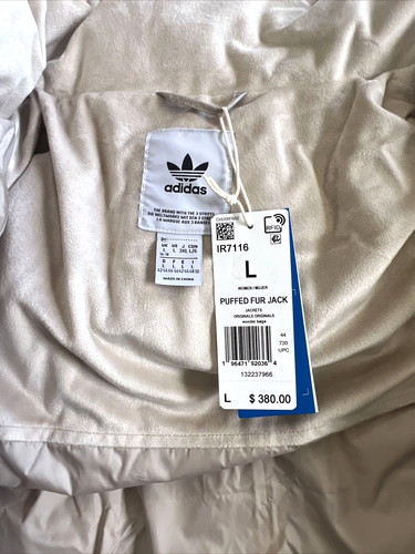 adidas women's Puffed Long Fur Jacket Size Large New Beige IR7116 - Picture 13 of 14