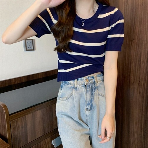 Summer Korean Women Fashion Temperament Lazy Round Neck Knitted Striped T-Shirt - Bild 15 von 23