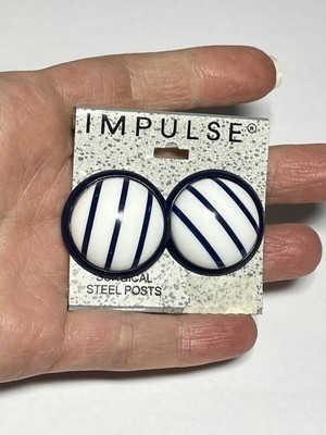 Vintage 90'S Black and White NOS Earrings Striped Button Domed Plastic Stud