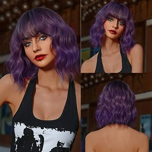 Peluca corta Bob púrpura rosa ondulada con flequillo de aire mediana ondulada cosplay peluca sintética - Imagen 34 de 50