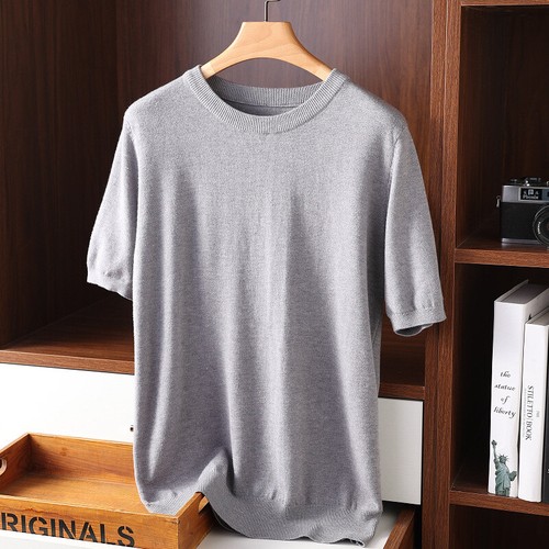 Herren Strick O-Ausschnitt Atmungsaktiv Dünn Cashmer Kurzarm T-Shirt Einfarbig Tops - Bild 13 von 26