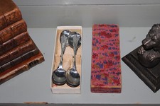 Box Set 6 Antique Nickel Silver English Soup Spoons,Ornate Handle Vintage,Boxed