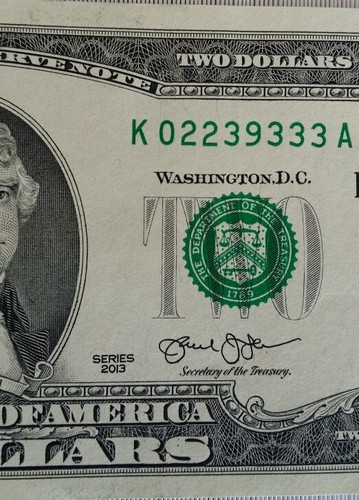Billetes de dólar raros de $2 - Serie 2013 District K # K02239333A y K02239332A S011 - Imagen 3 de 4
