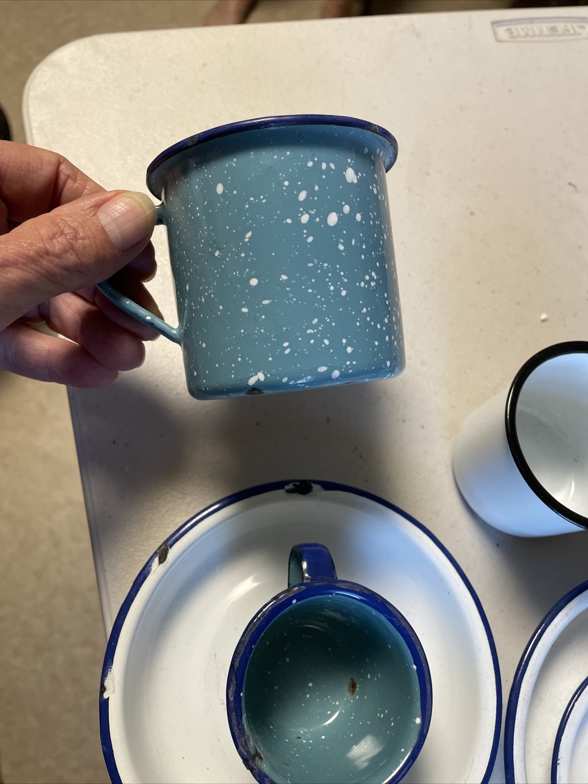 Butterfly Brand Plus other Enamelware Enamel Toy Cups Bowls Blue White