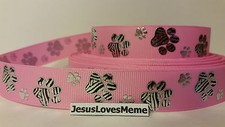 Grosgrain Ribbon, Black  Silver Doggie Paw Prints on Pink, Dog Rescue, 7/8"
