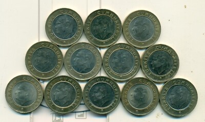 12 NICE AU-UNC BI-METAL 1 LIRA COINS..TURKEY..CONSECUTIVE DATES of 2009 to 2020