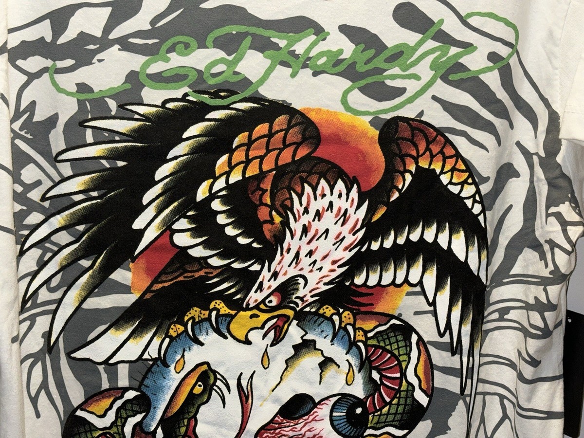 Tシャツ・カットソー ED HARDY / SKULL & SNAKE & EAGLE FLASH TATTO T-SHIRT WHITE Ed Hardy T-Shirt Men's Large Graphic Tattoo White Eagle