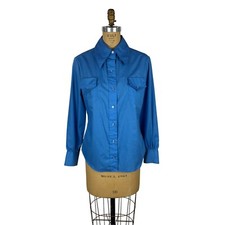 Vintage 70s Button Down Shirt Womens Medium Solid Blue Long Sleeve Top